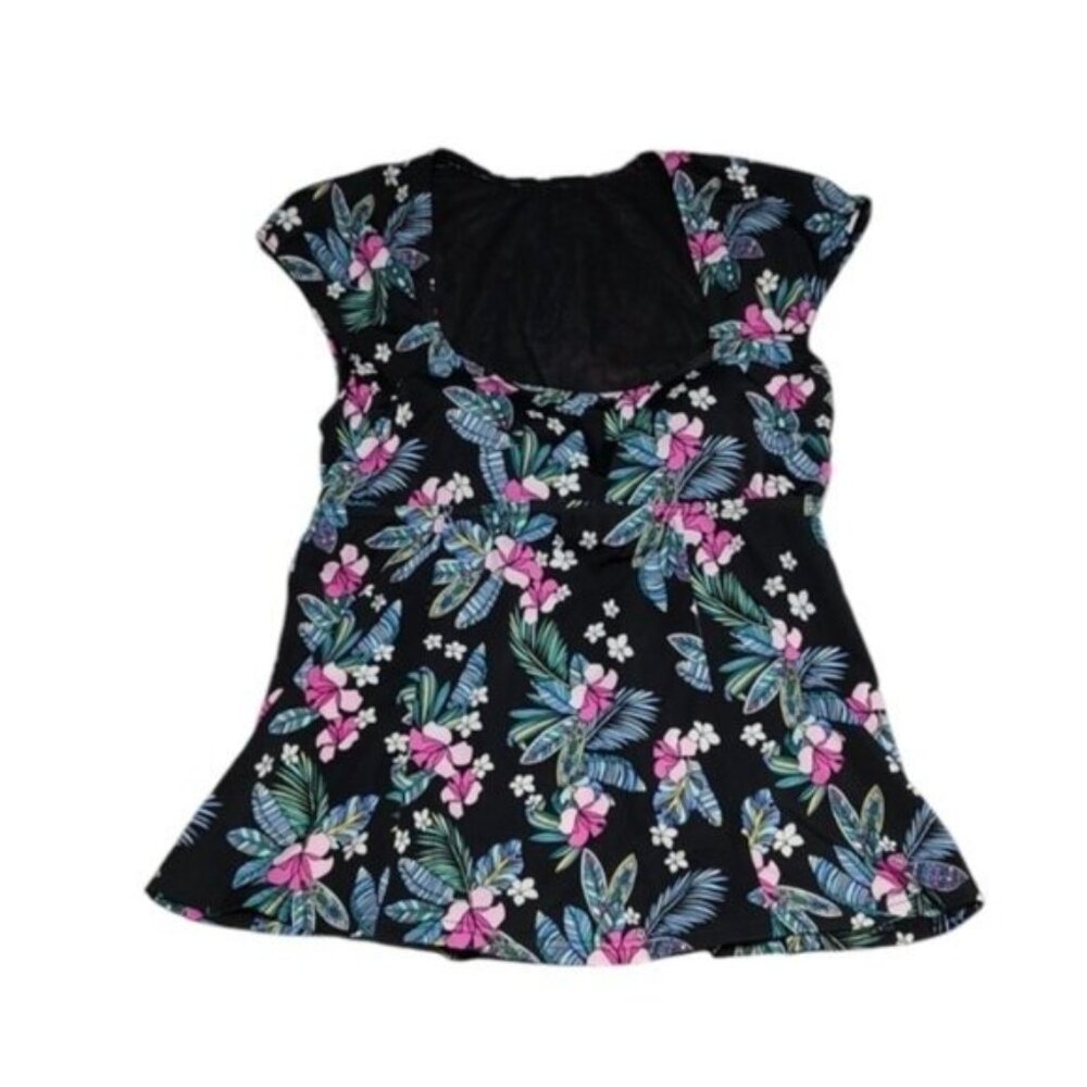 Fit 4 U Black Tropical Floral Cap Sleeve Square Neck Swim Top 6